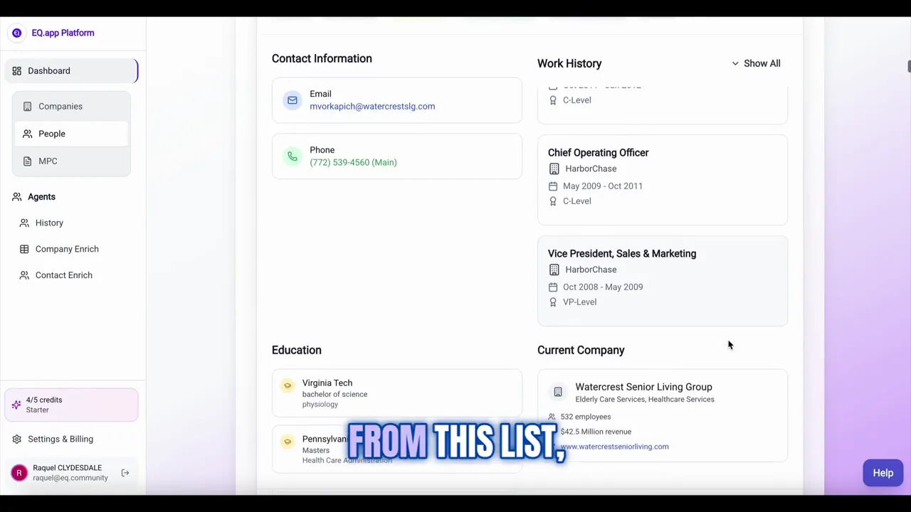 Contact profile showing email, LinkedIn, phone and background