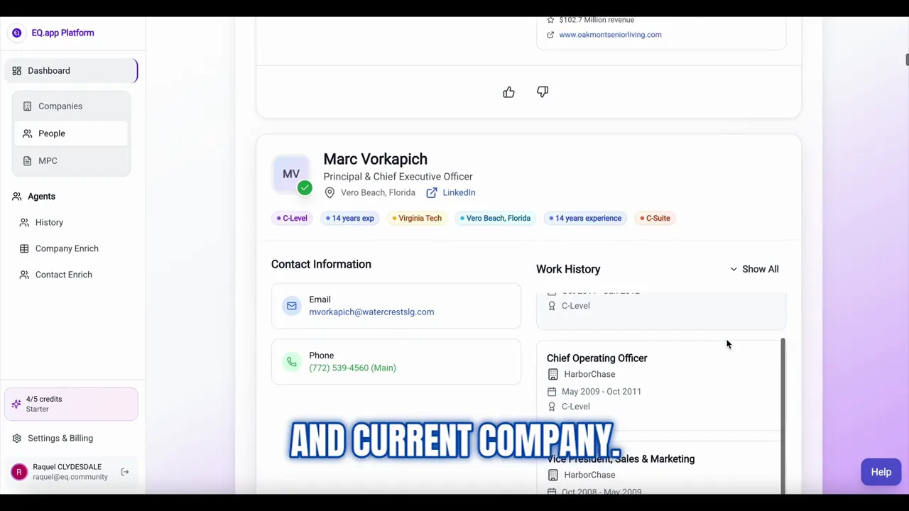 User scanning verified contacts to find the right people to reach out to