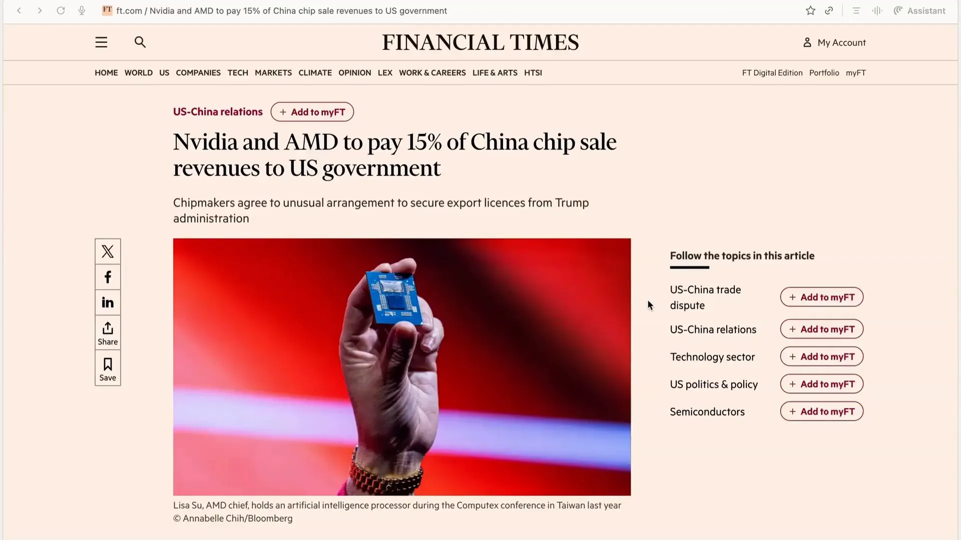 Headline text about NVIDIA and AMD deal with U.S. government