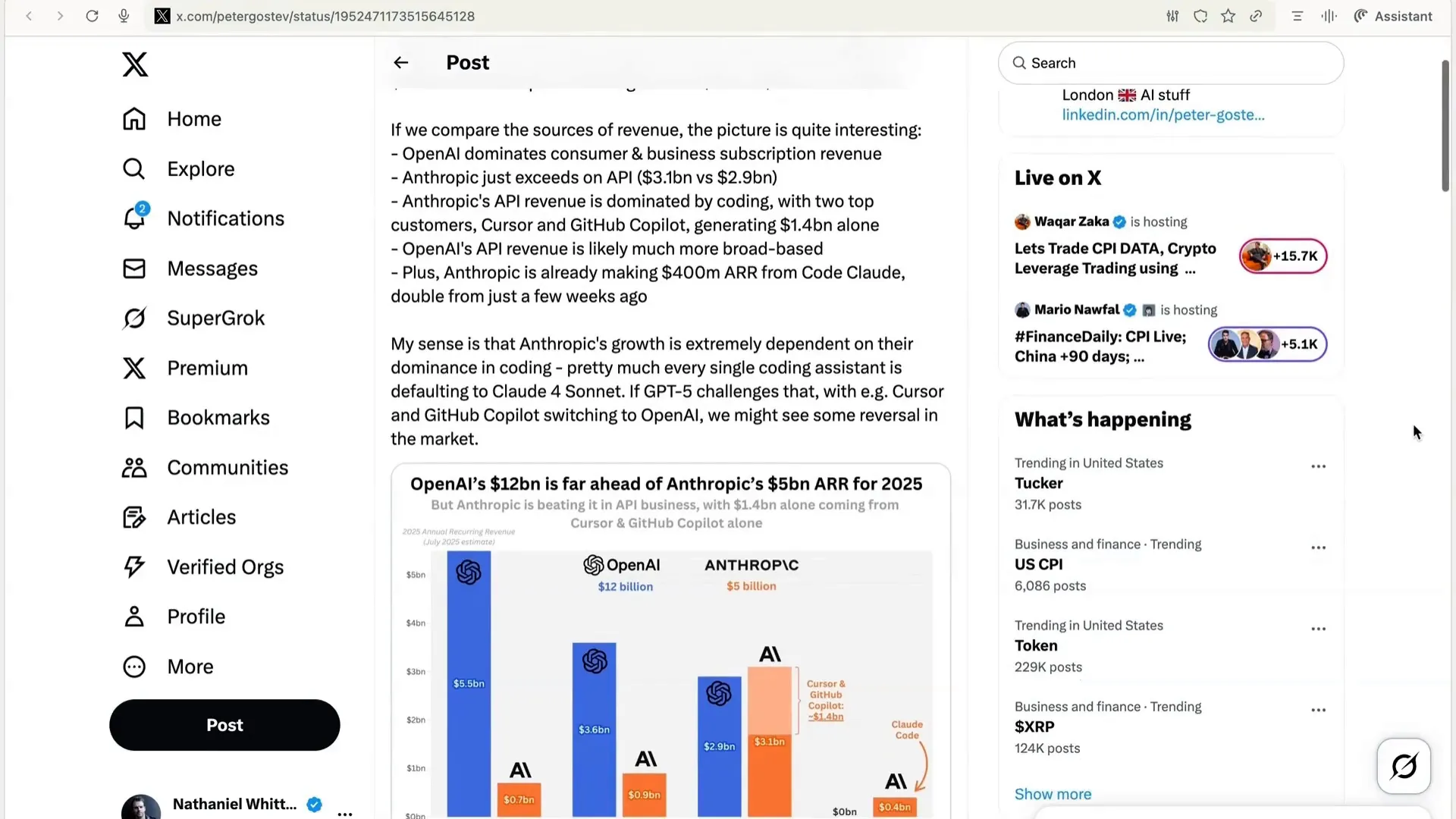 Comparative revenue and growth charts for OpenAI and Anthropic