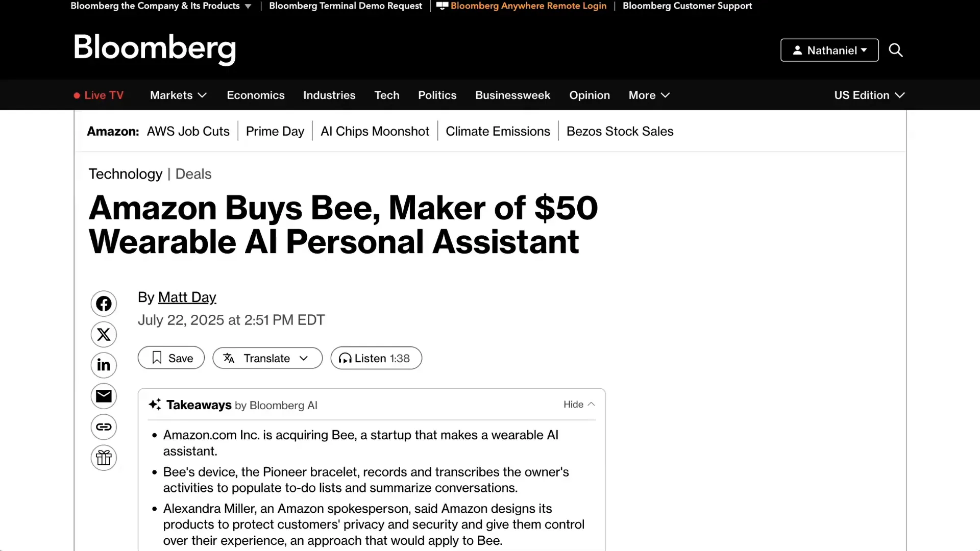 Amazon acquires AI wearable startup Be