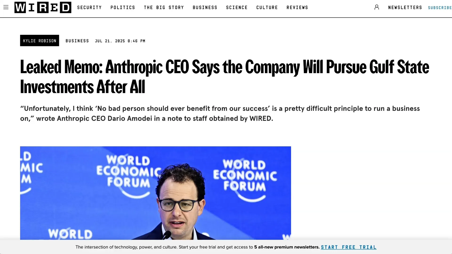 Leaked Anthropic memo on Gulf state investments