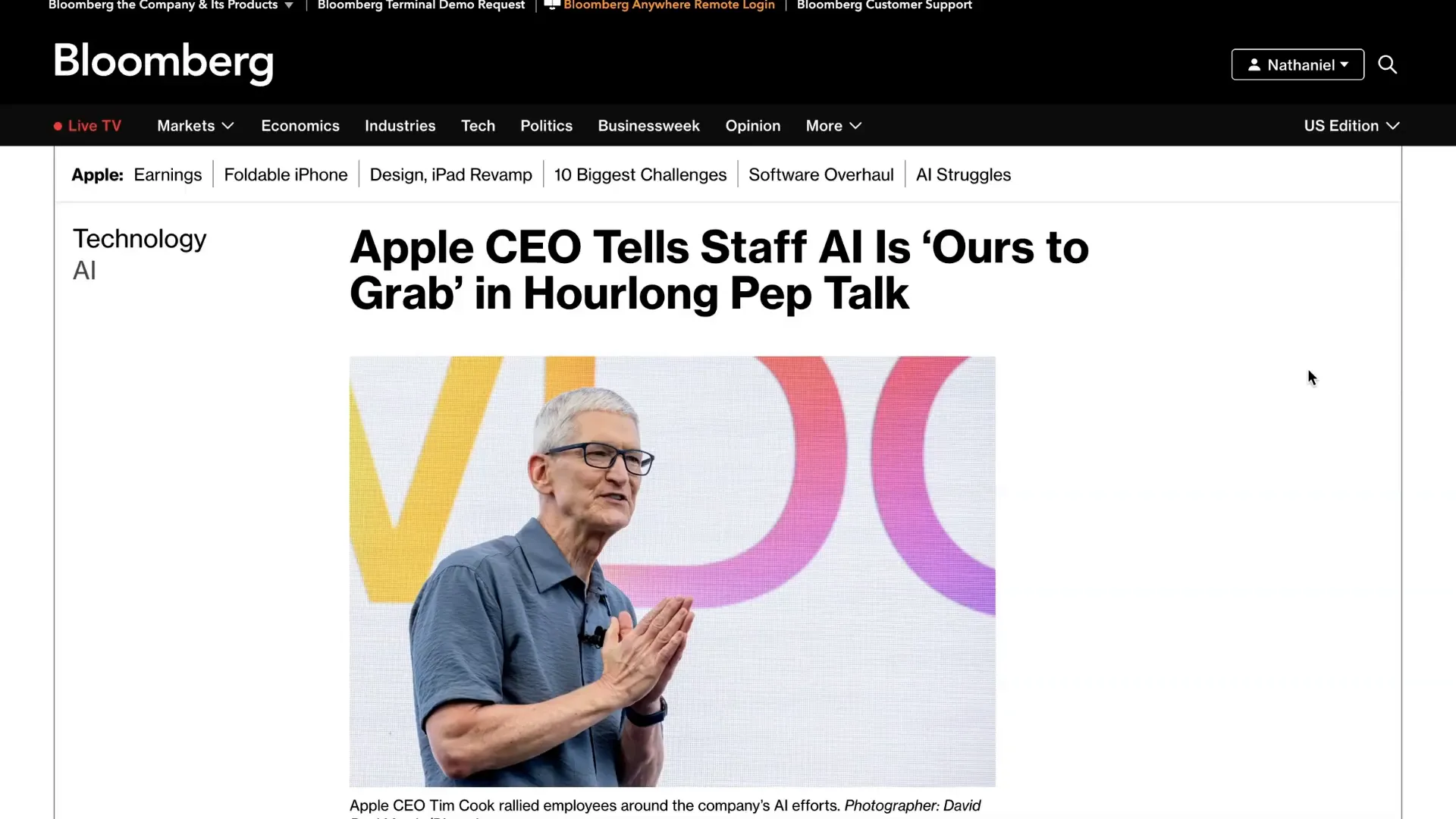 Tim Cook delivering a company-wide AI pep talk at Apple