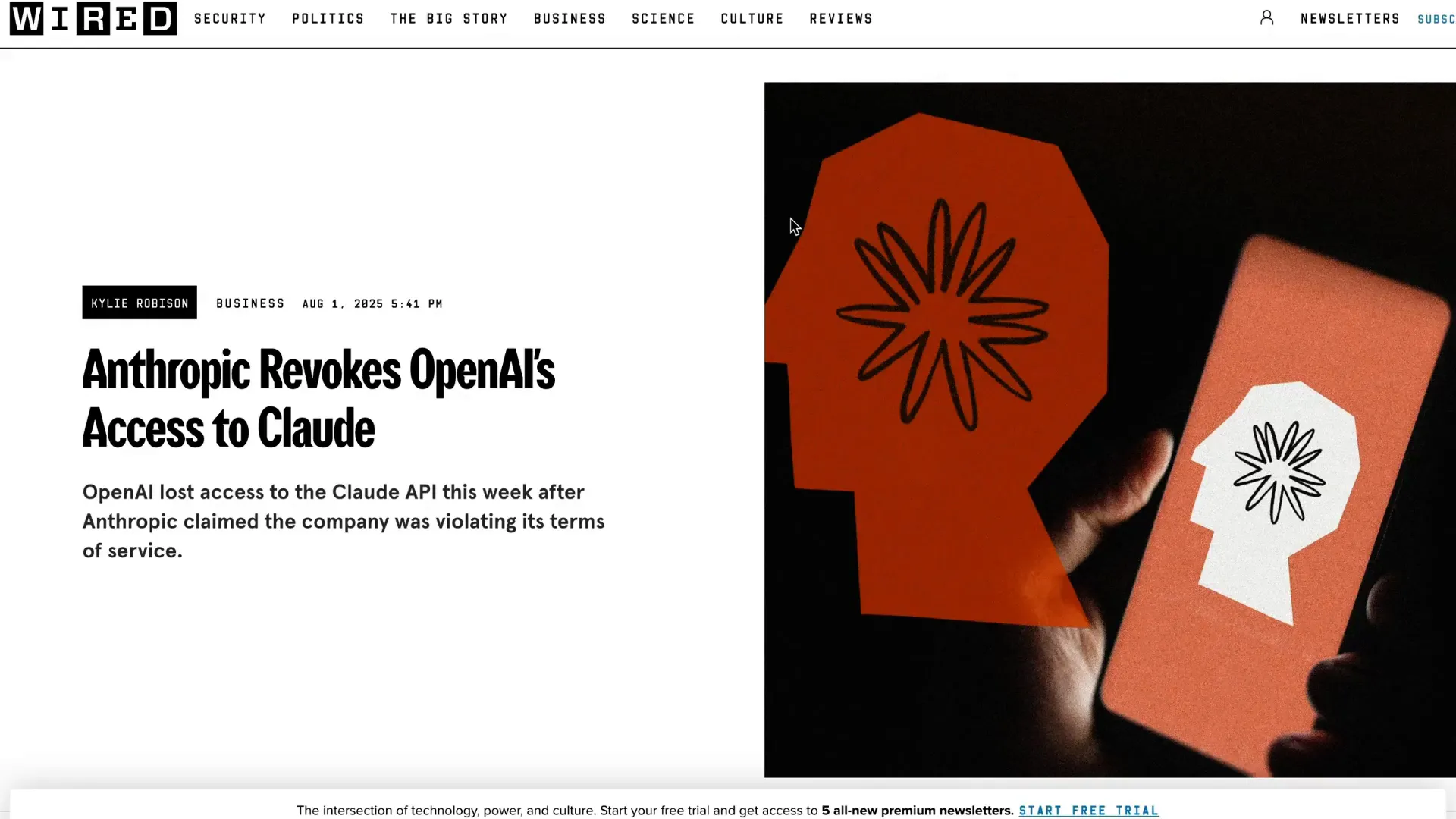 Headline about Anthropic cutting OpenAI's access to Claude
