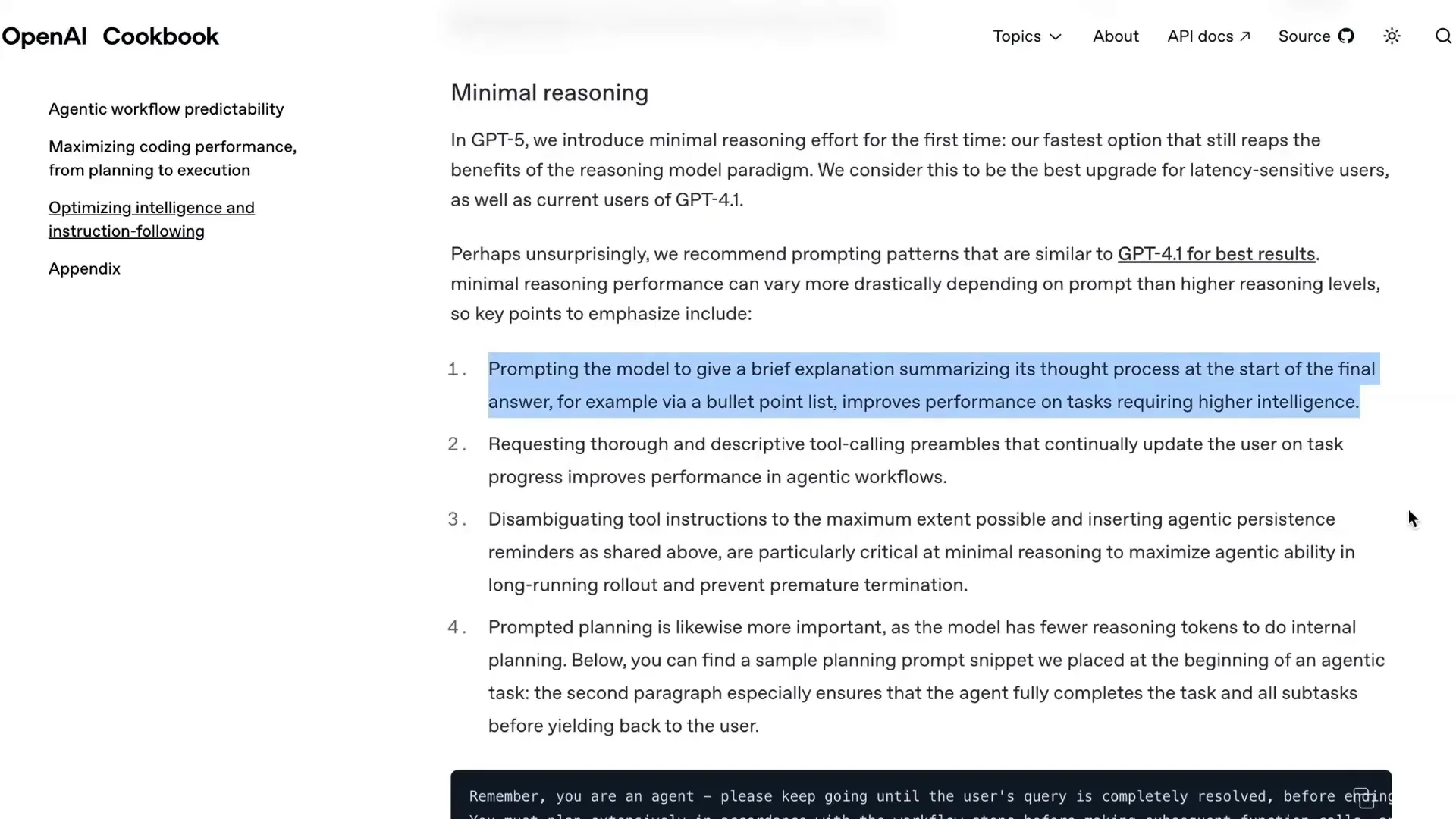 Prompting model to summarize its thought process