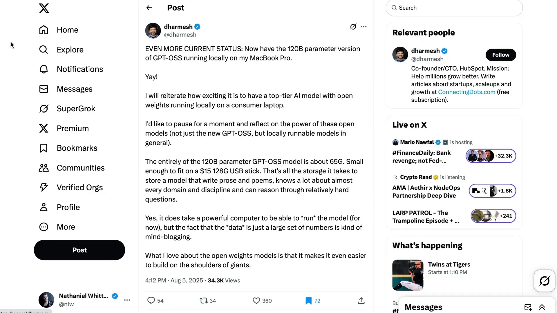 Social media posts celebrating GPT-OSS running on MacBook Pros