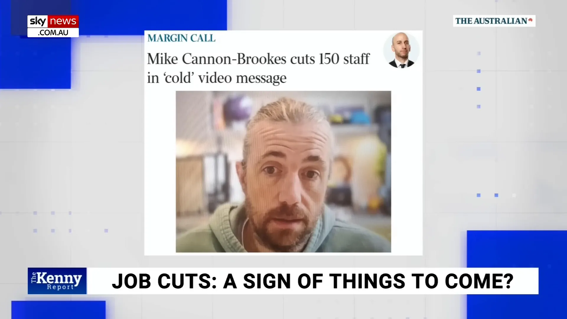 Mike Cannon-Brookes in a hoodie announcing layoffs in a prerecorded staff message