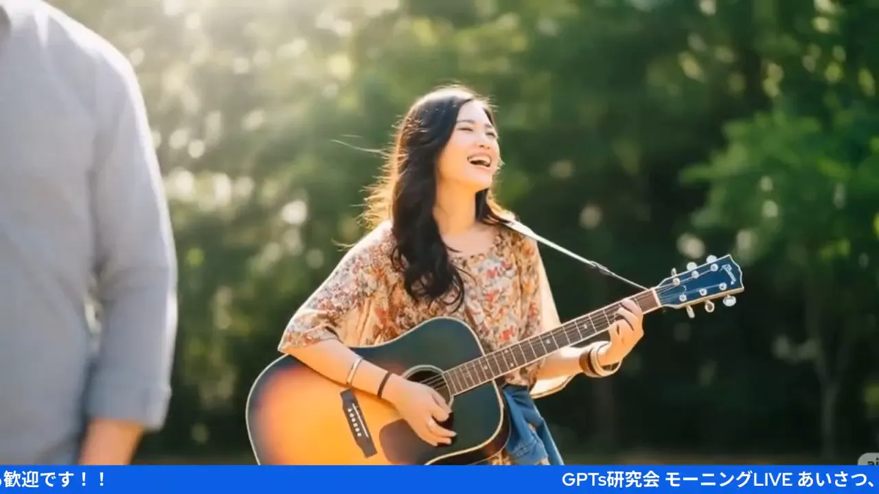 公園でギターを弾き笑顔の女性のスクリーンショット（クロージング）