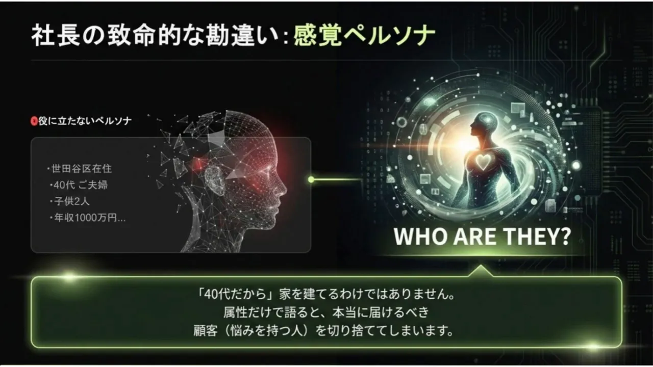 属性ペルソナの限界を示すスライド（WHO ARE THEY? と人口網羅のイメージ）