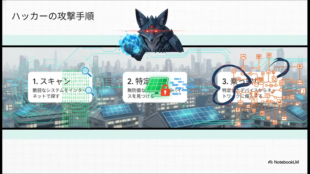 太陽光パネルを背景にした『ハッカーの攻撃手順』スライド。1.スキャン 2.特定 3.乗っ取り の説明付きイラスト。