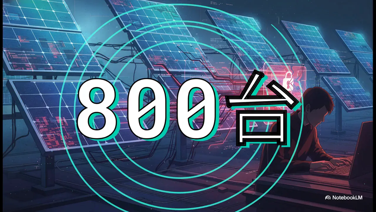 太陽光パネルの前でノートPCを操作する人物と大きな「800台」の文字、ハッキングを示すイラスト