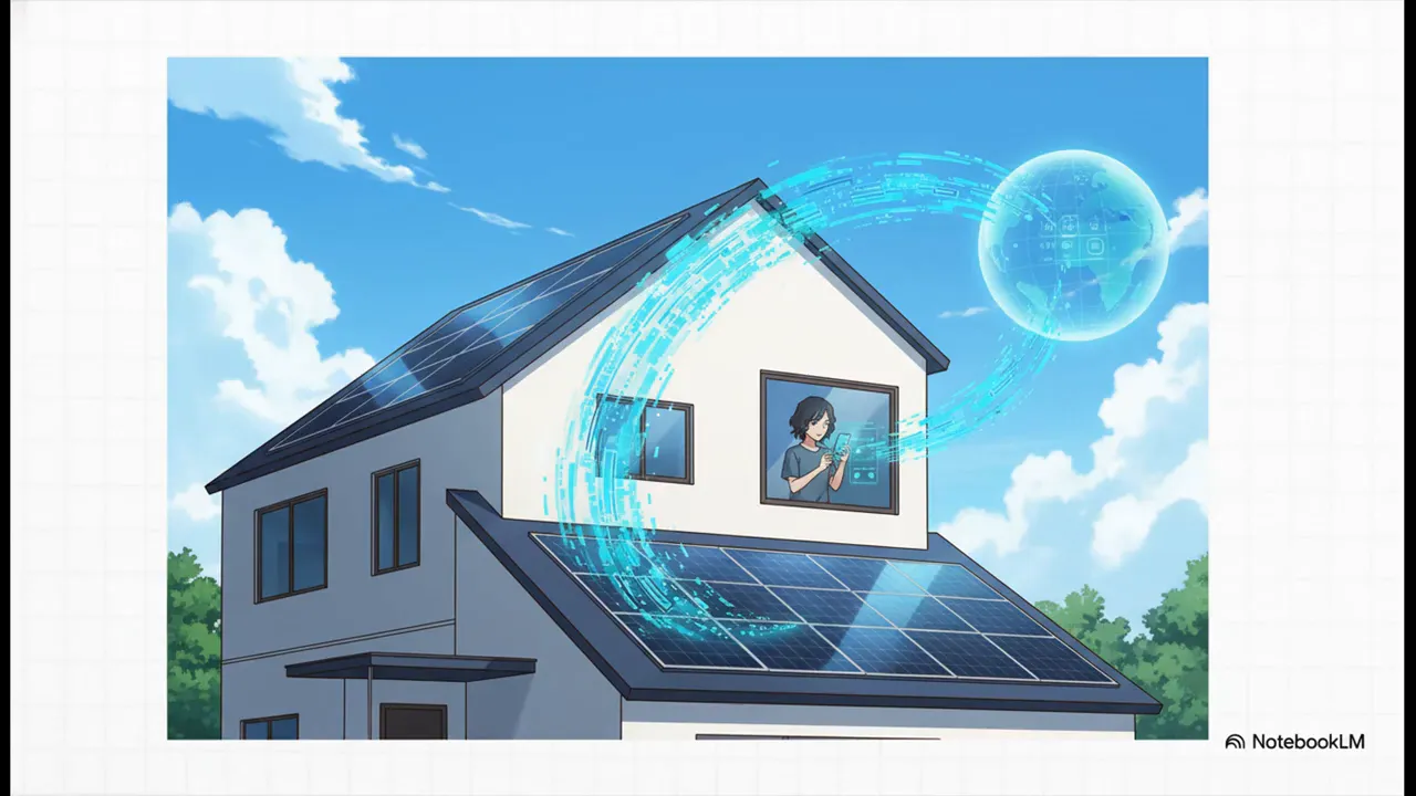 屋根に設置された太陽光パネルと、窓辺でスマホを操作する人物のイラスト。デジタルの軌跡がネット接続と遠隔監視を表現している。