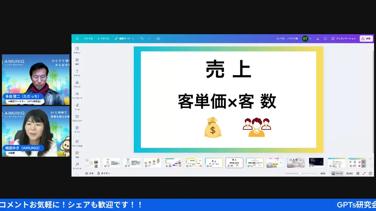 画面共有されたプレゼンのスライド「売上 客単価×客数」とオンライン登壇者の小窓が左に並ぶスクリーンショット。