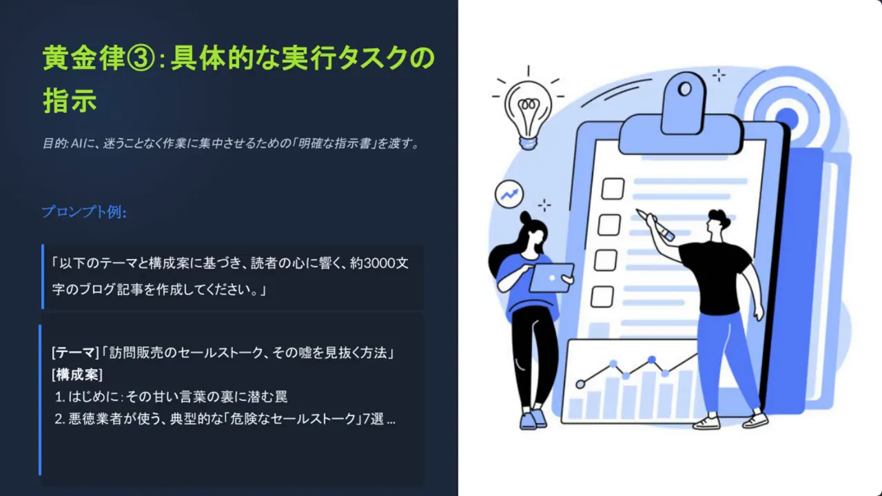 スライド：黄金律③ 具体的な実行タスクの指示（プロンプト例とチェックリストのイラスト）