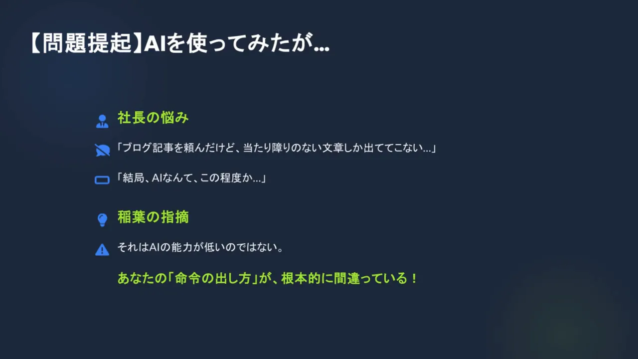 スライド：問題提起 — 社長の悩みと命令の出し方が根本的に間違っている
