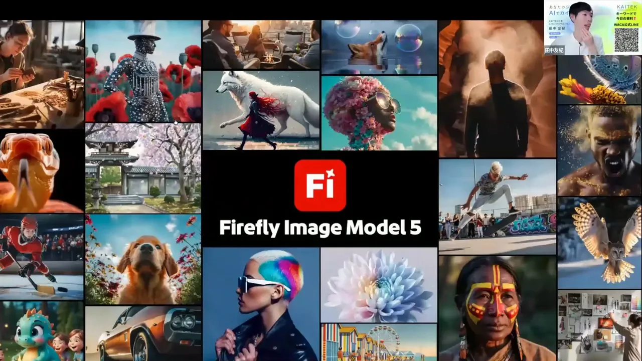 Adobe Firefly Image Model 5 collage showing many generated images with central Firefly logo