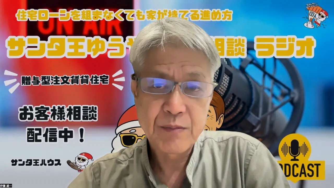 ポッドキャストの背景ロゴとマイクを背に話すラジオホストのアップショット