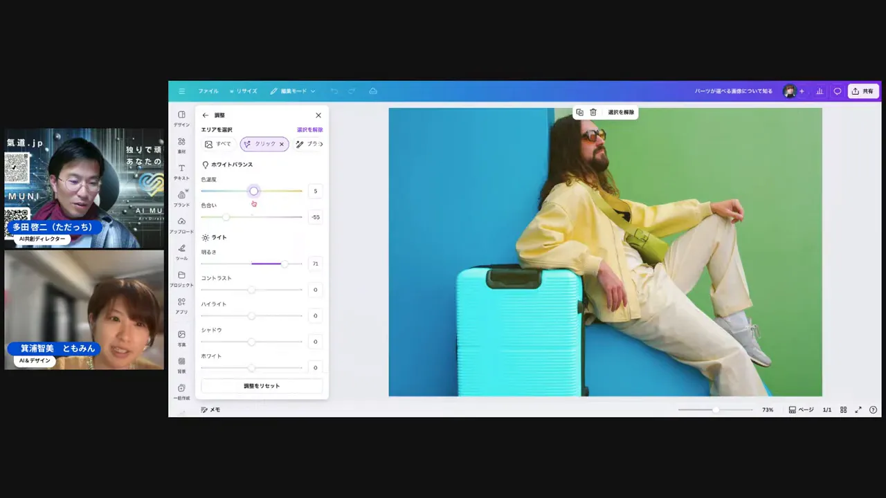 写真の特定箇所の色を選択して色温度や色相を調整している画面
