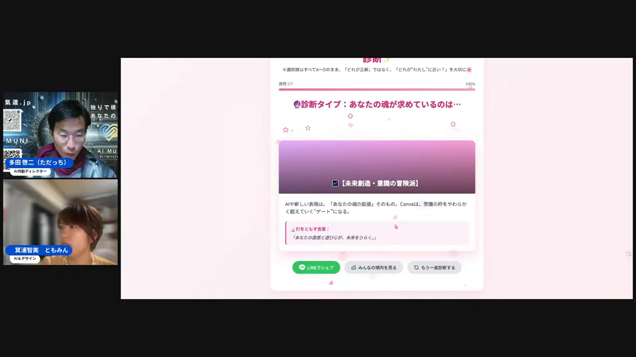 診断コンテンツのフロー。選択肢を選ぶと結果が表示される例