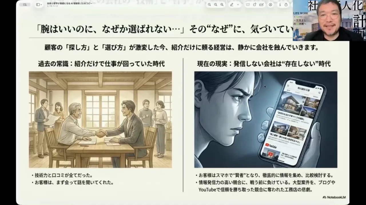 過去の握手による紹介とスマホで情報収集する現代を比較するプレゼンスライド