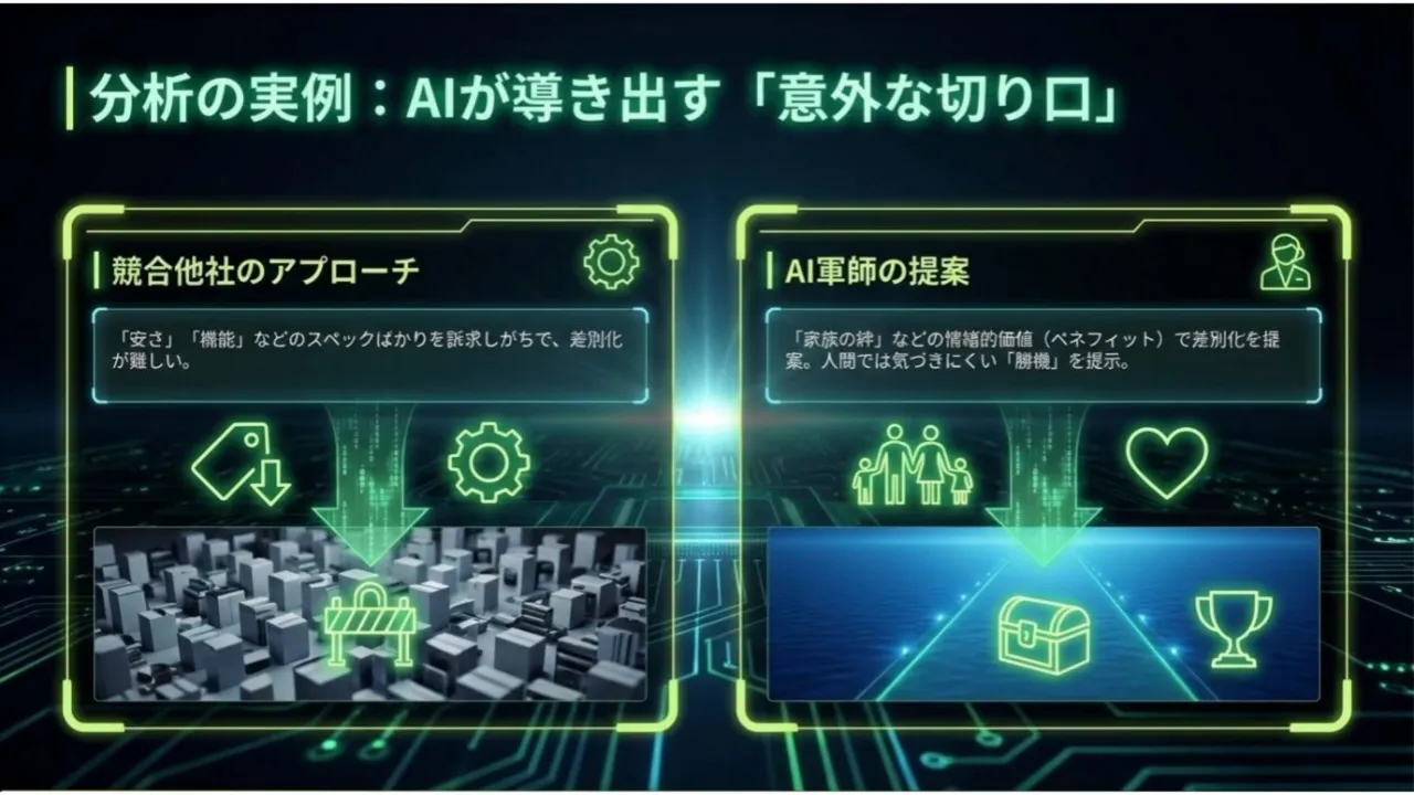 AIが導き出す「意外な切り口」を示すプレゼン画面。左に競合他社のアプローチ、右にAI軍師の提案(家族の絆など感情価値)を示す図とアイコンが配置されている。