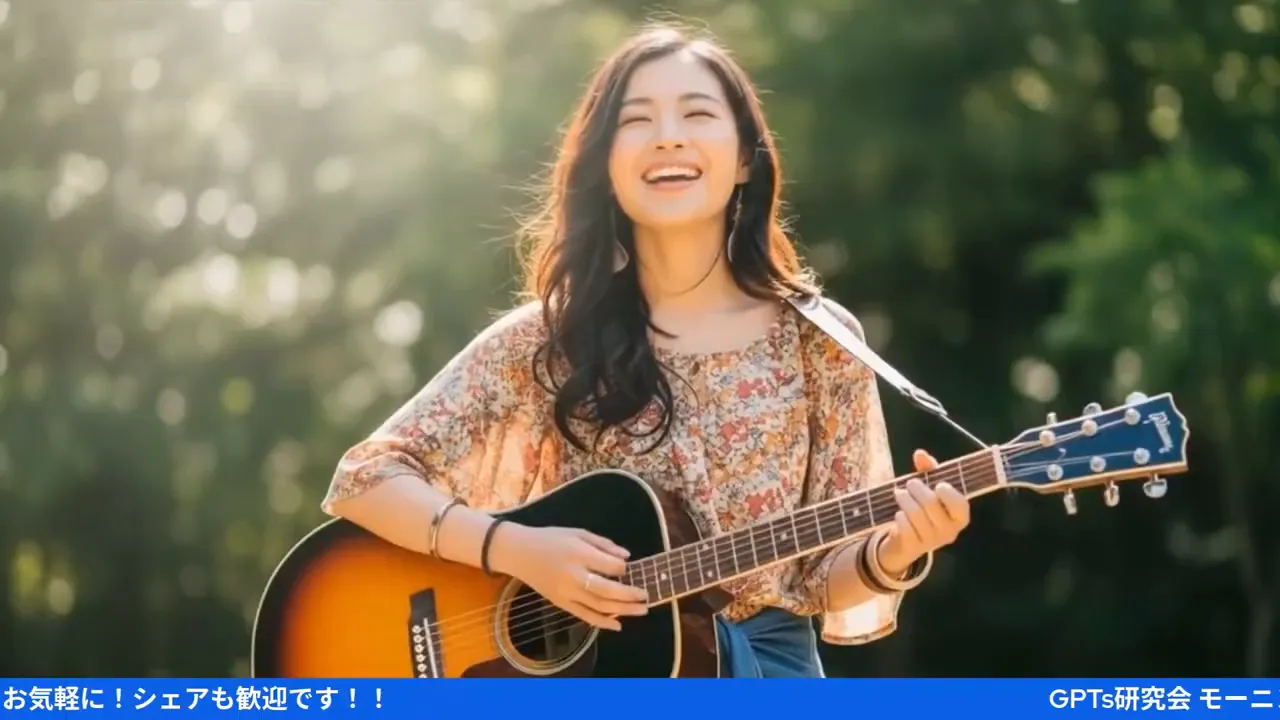 笑顔でギターを弾く人物のスクリーンショット、下部に青い告知バーが見える