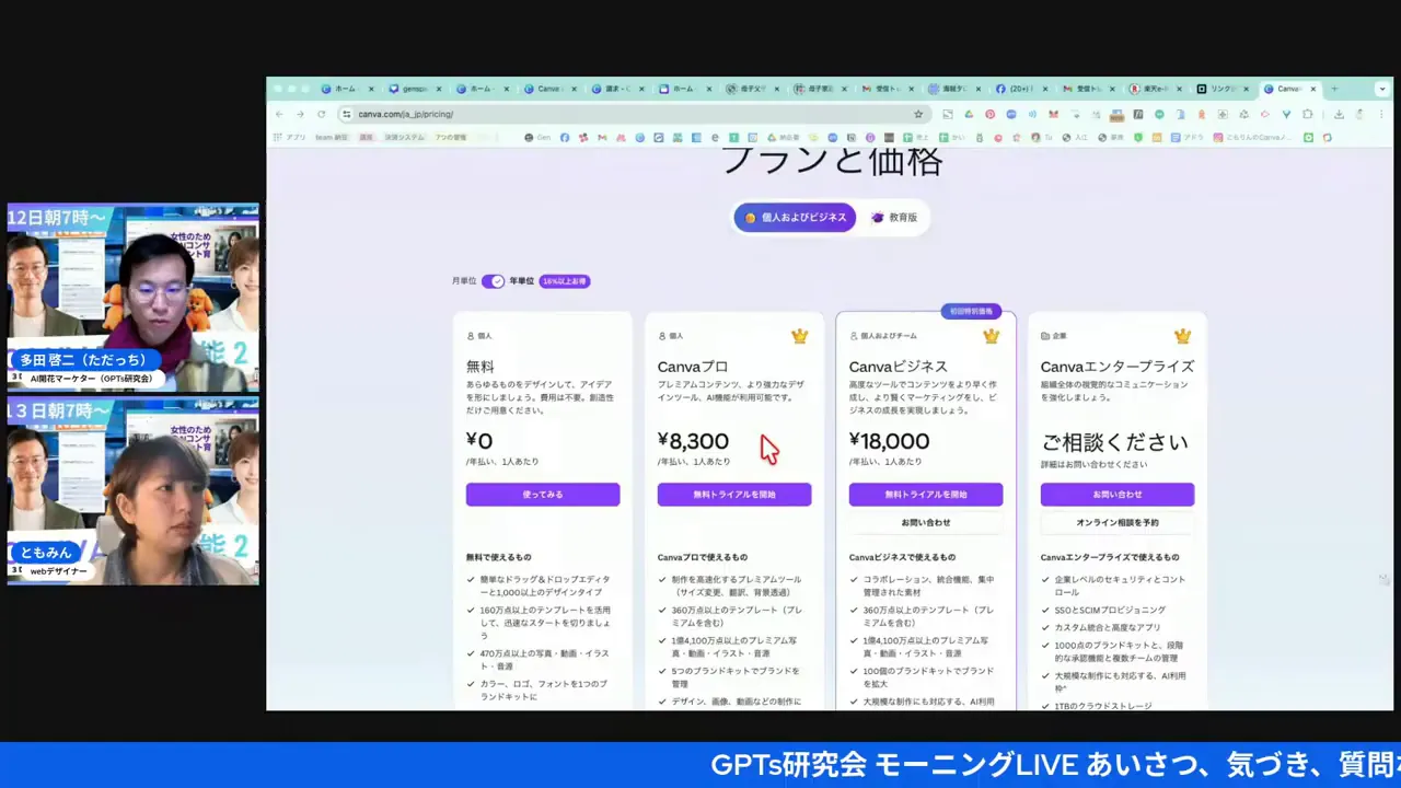 Canvaのプラン比較カードがはっきり見えるスクリーンショット(左に配信者の小窓)