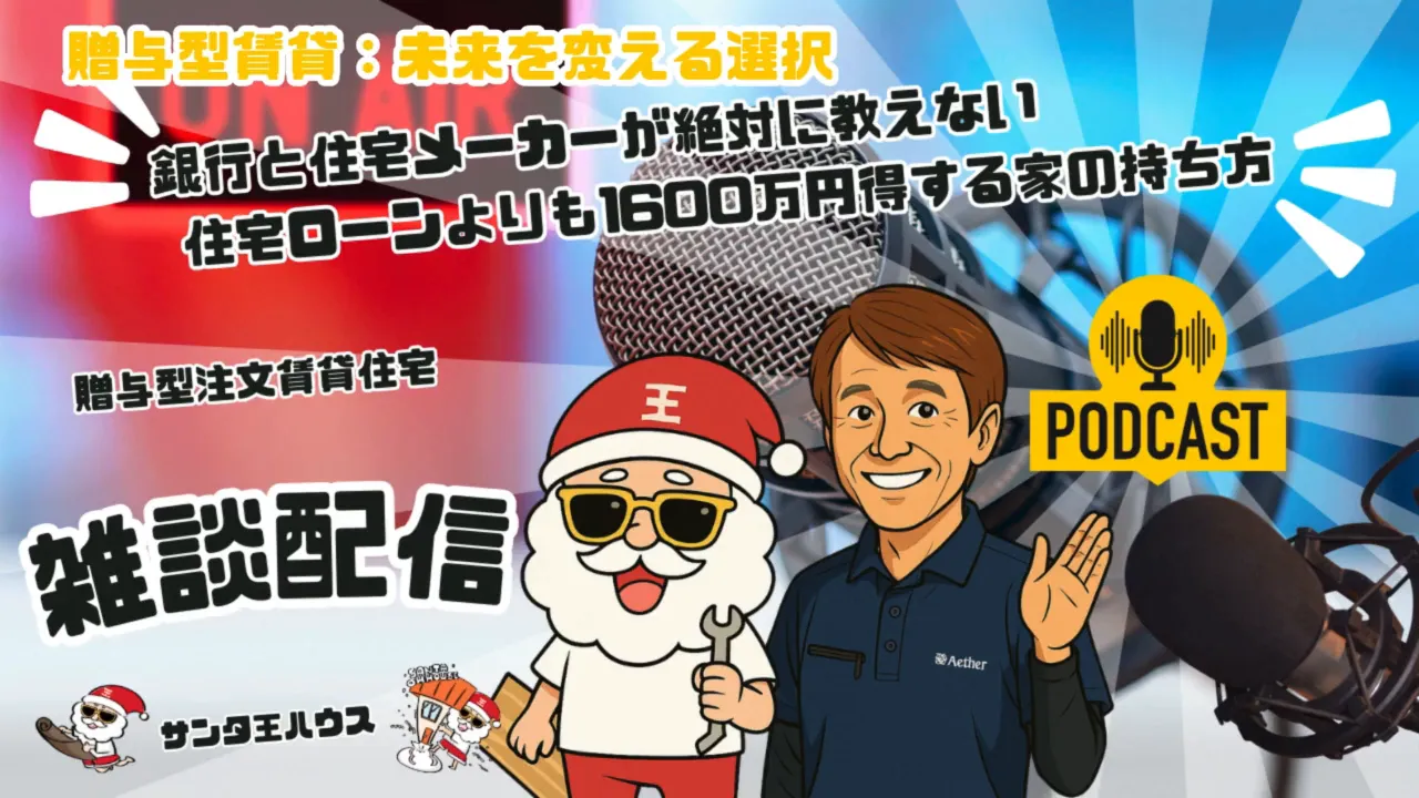 ポッドキャストのサムネイル。サンタのキャラクターとホストのイラスト、マイクの写真が並んだ明るいデザイン