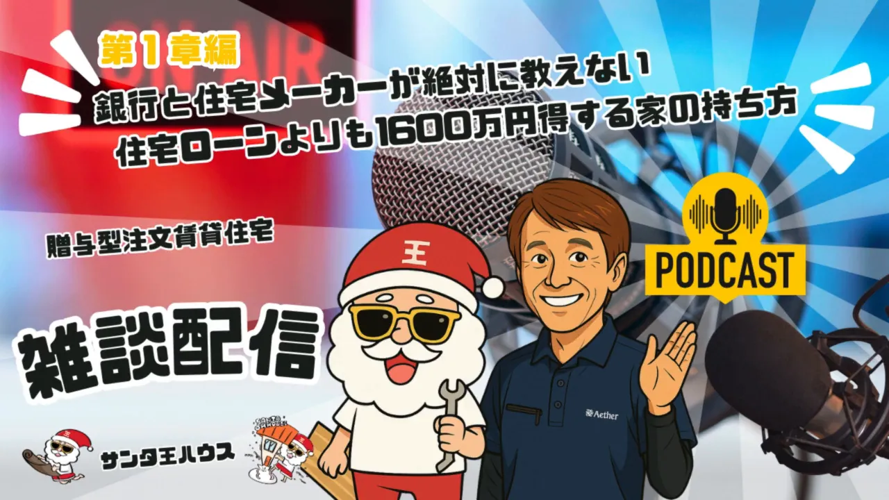 ポッドキャスト風サムネイル：サンタのキャラクターとホスト、マイク、PODCASTロゴ