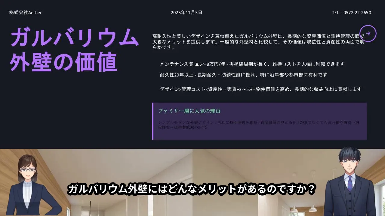 スライド:ガルバリウム外壁の価値。見出しと説明文が並ぶプレゼン画面。