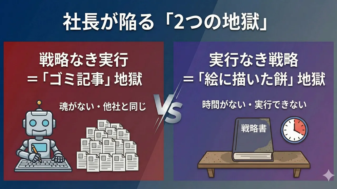 二つの地獄を示す比較スライド：戦略なき実行（ゴミ記事） vs 実行なき戦略（絵に描いた餅）