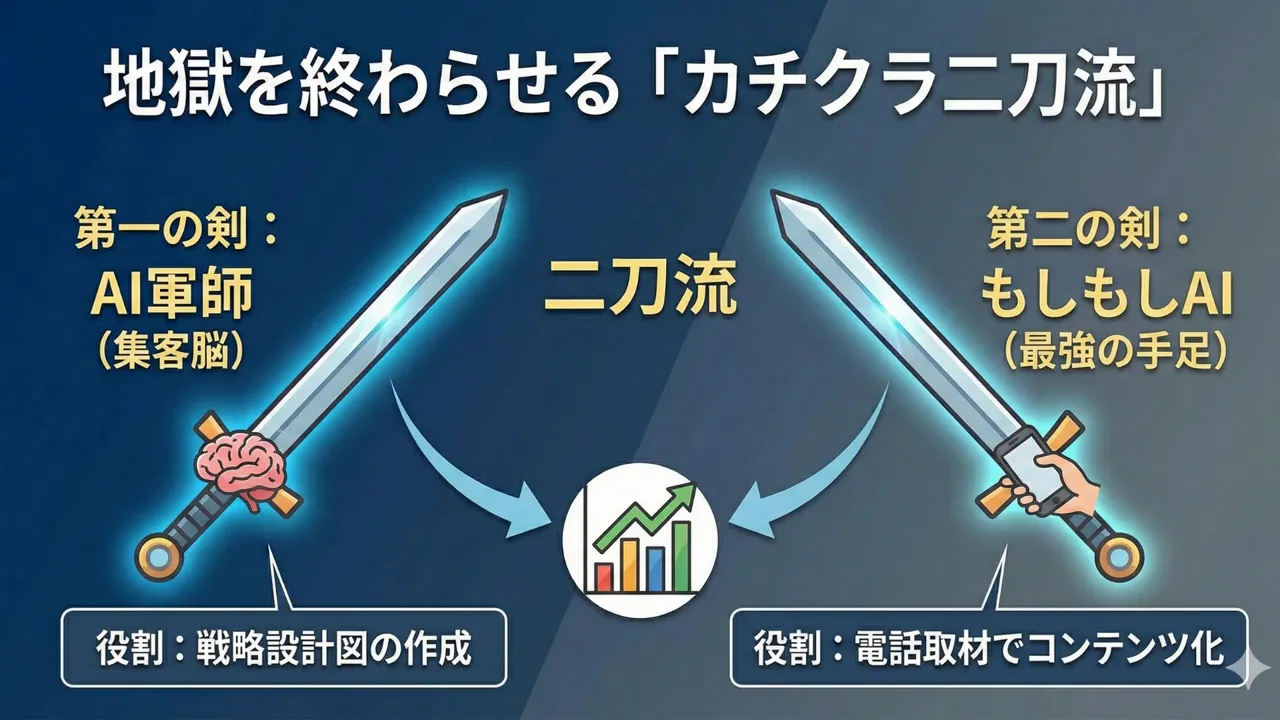 二刀流の図：左がAI軍師、右が手にスマホを持つもしもしAI、中央に集客グラフへ矢印でつながるイラスト