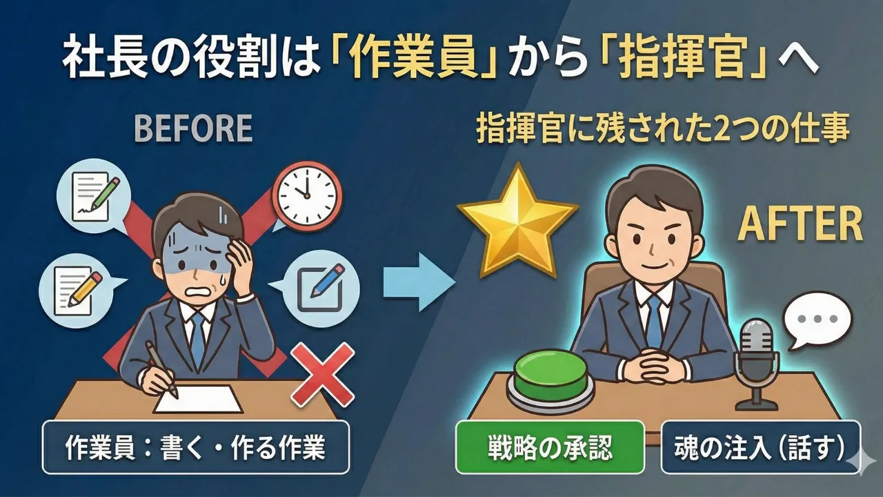 社長の役割が作業員から指揮官へ変わる図（BEFORE/AFTER）、戦略の承認と魂の注入（話す）を示すイラスト
