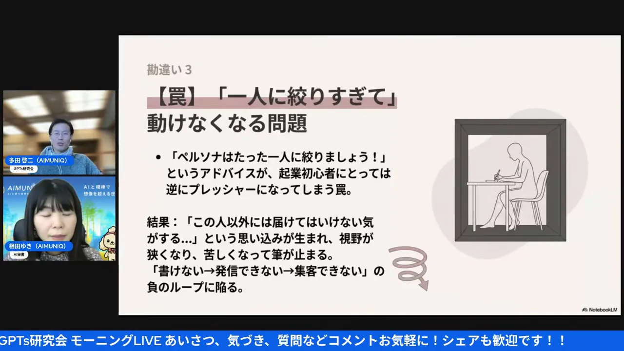 プレゼン画面のスクリーンショット：『一人に絞りすぎて 動けなくなる問題』という見出しと説明文、右にペルソナを閉じ込めるイラストがあり、左に登壇者の小ウィンドウが表示された鮮明なスライド。