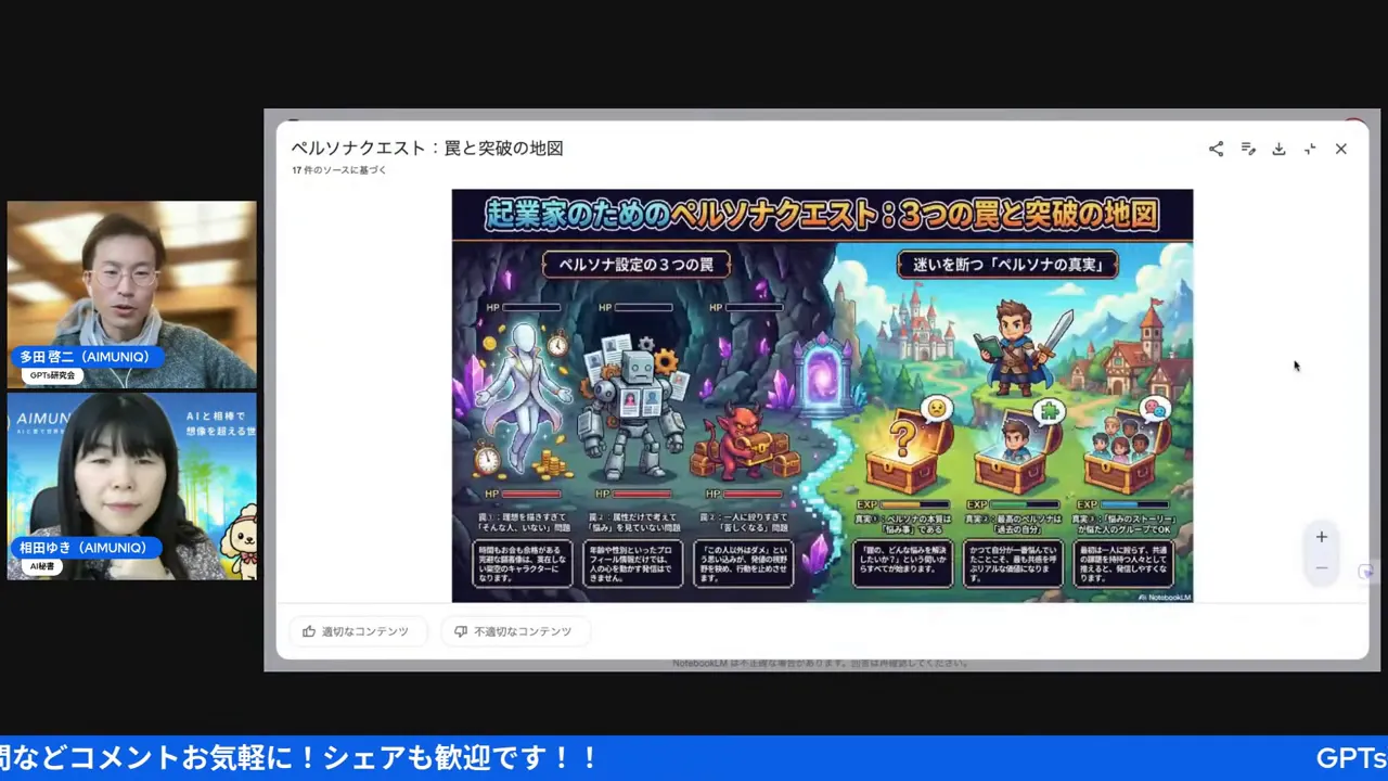 プレゼン画面のスクリーンショット：中央にカラフルなRPG風イラスト『ペルソナクエスト：3つの罠と突破の地図』が表示され、左に登壇者のビデオウィンドウが並ぶ見やすいスライド画面。