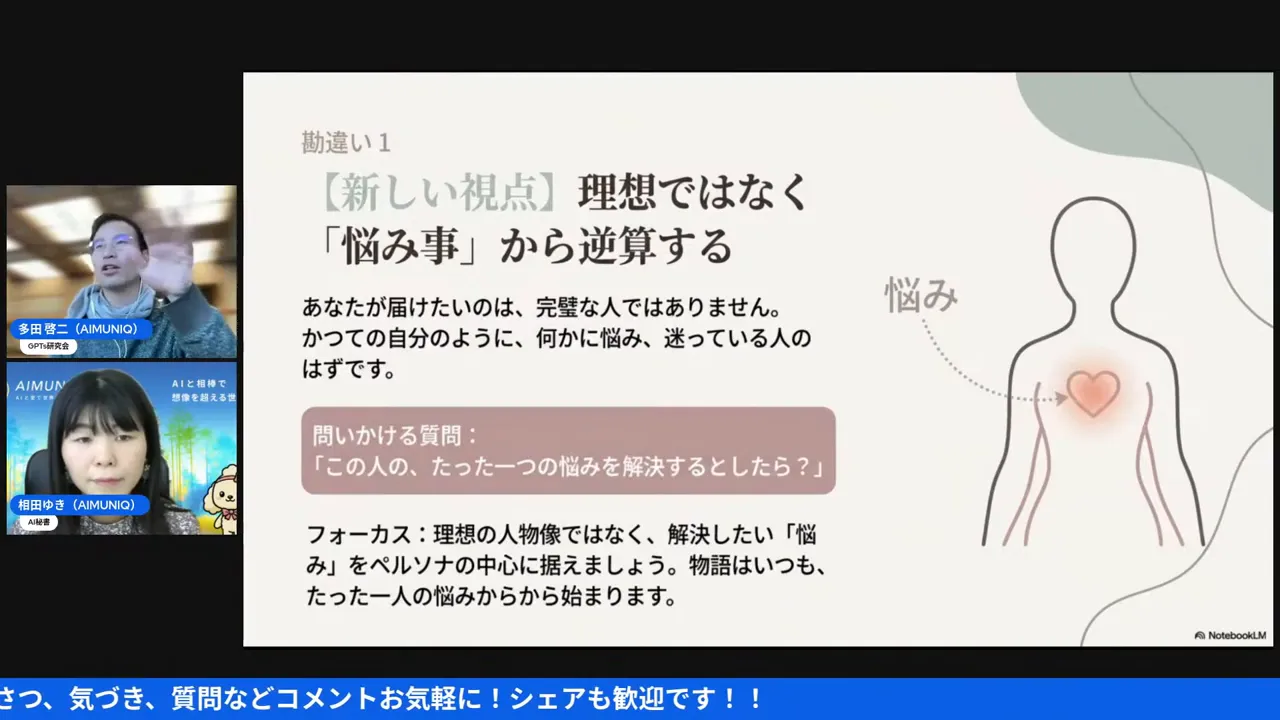 スライド表示のスクリーンショット：『理想ではなく「悩み事」から逆算する』という見出し、説明文とハートのイラストがはっきり見える資料画像。