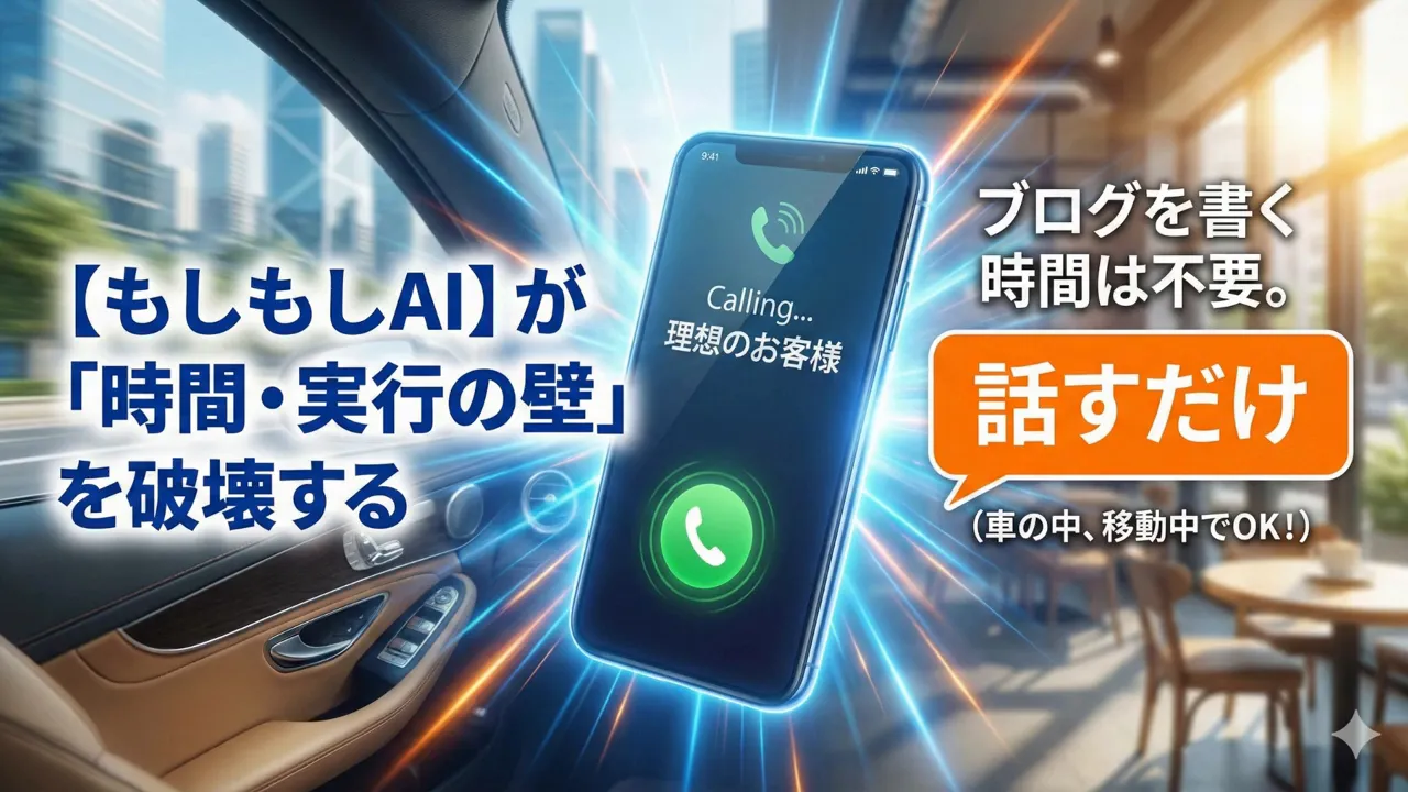 車内の背景越しに着信中のスマートフォンと「話すだけ」のキャッチコピー