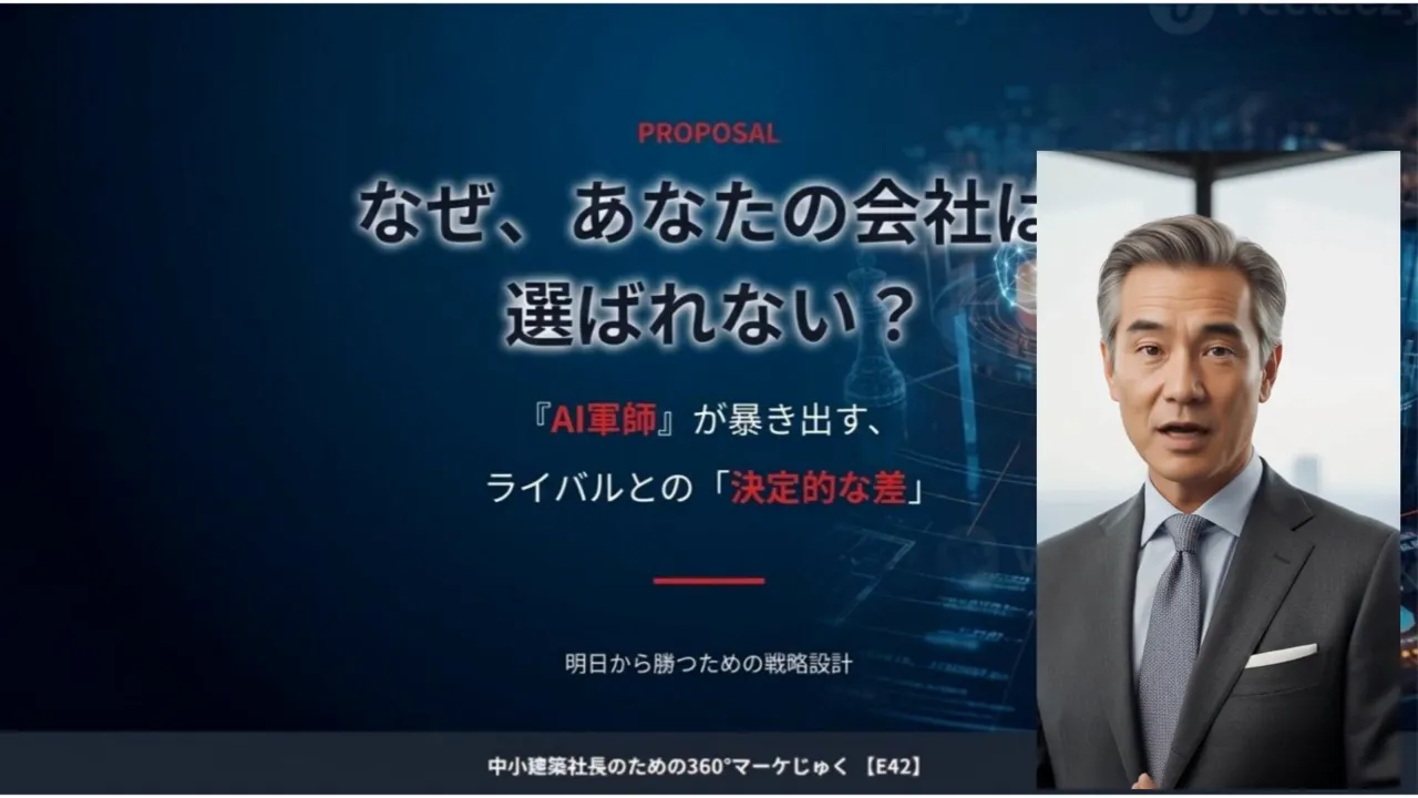 プレゼンテーションスライド「なぜ、あなたの会社は選ばれない?」と書かれたタイトル画面。右側にスーツ姿の講演者の人物が写っている。