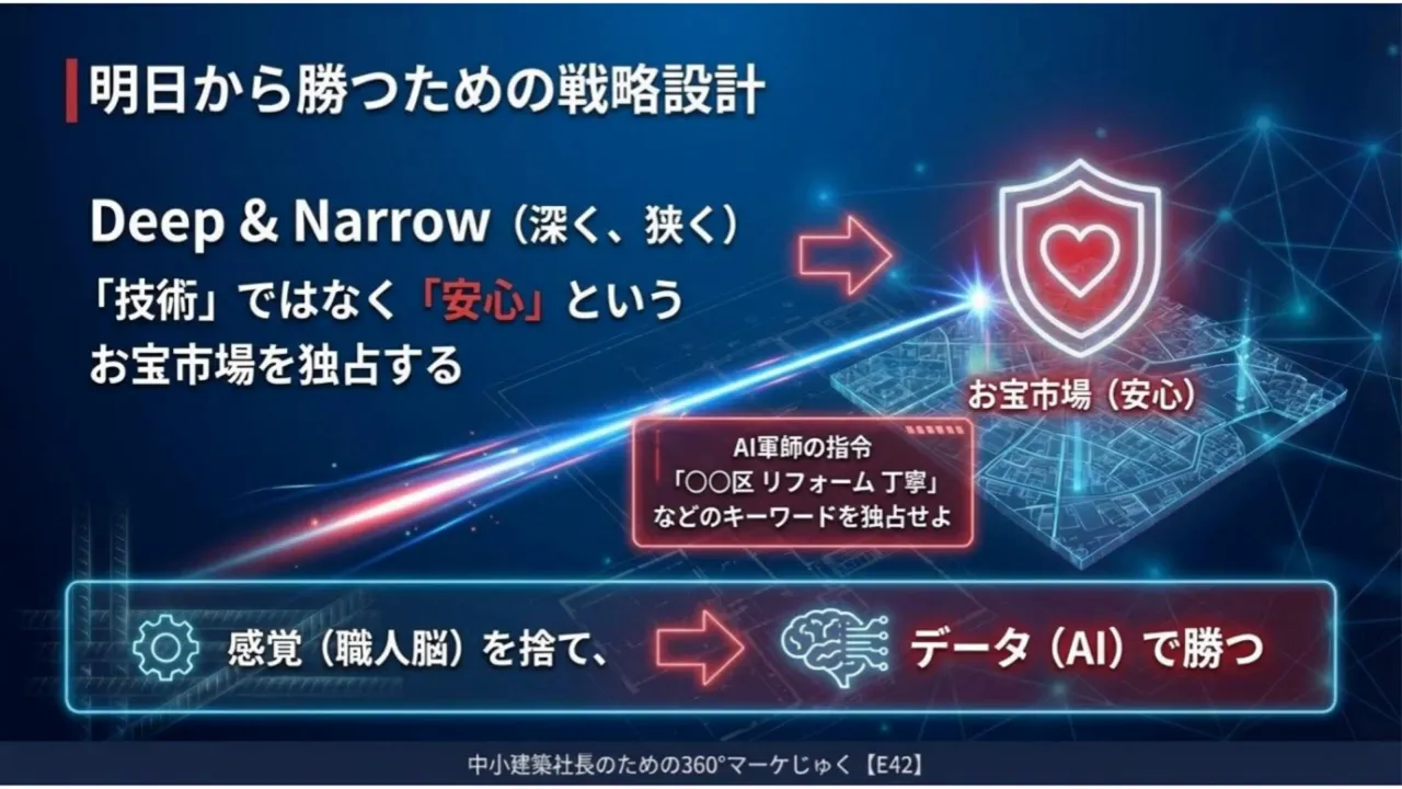 プレゼンテーションスライド:Deep & Narrow(安心を独占する戦略)と「データ(AI)で勝つ」と書かれた図。