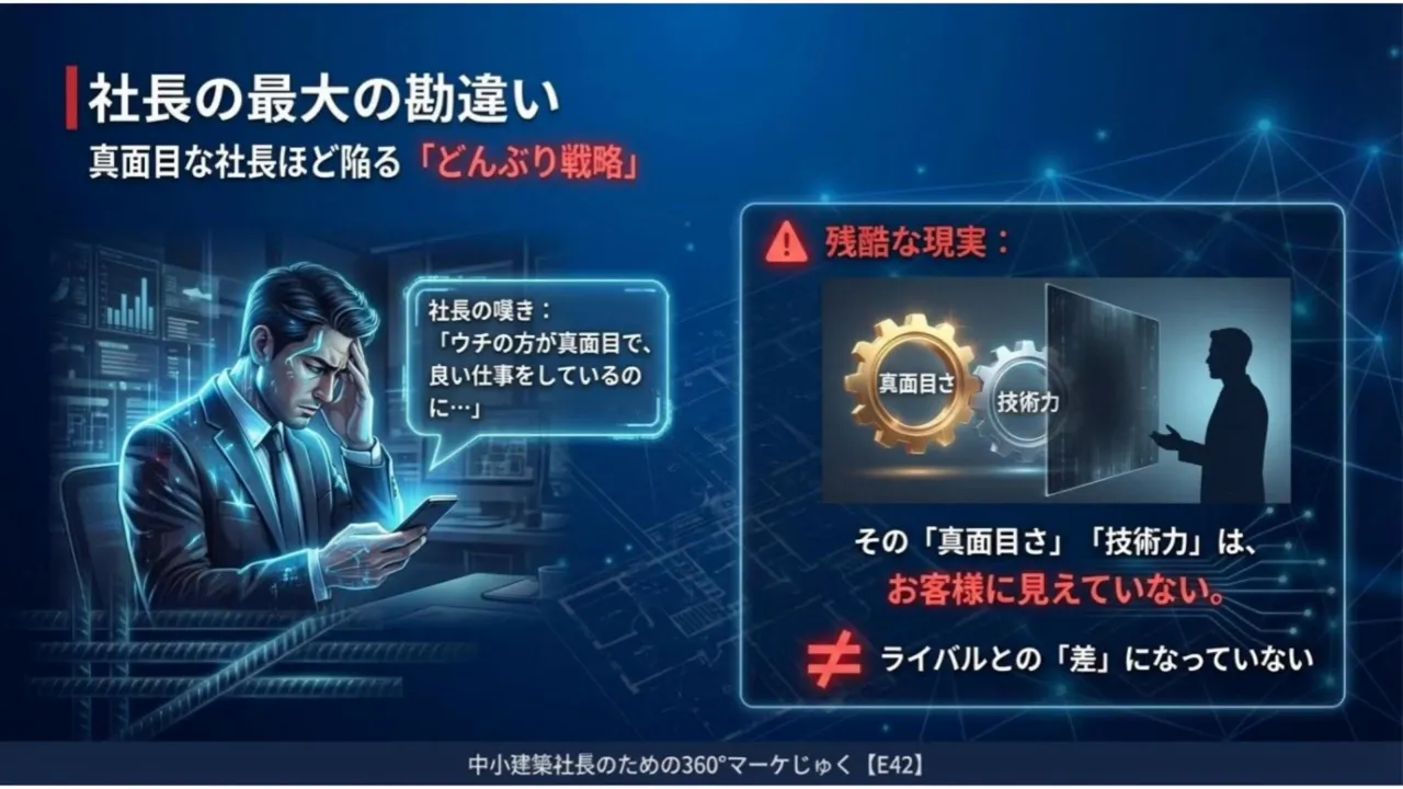 悩む社長のイラストと、「真面目さ」「技術力」が顧客に見えないと説明するスライドのスクリーンショット