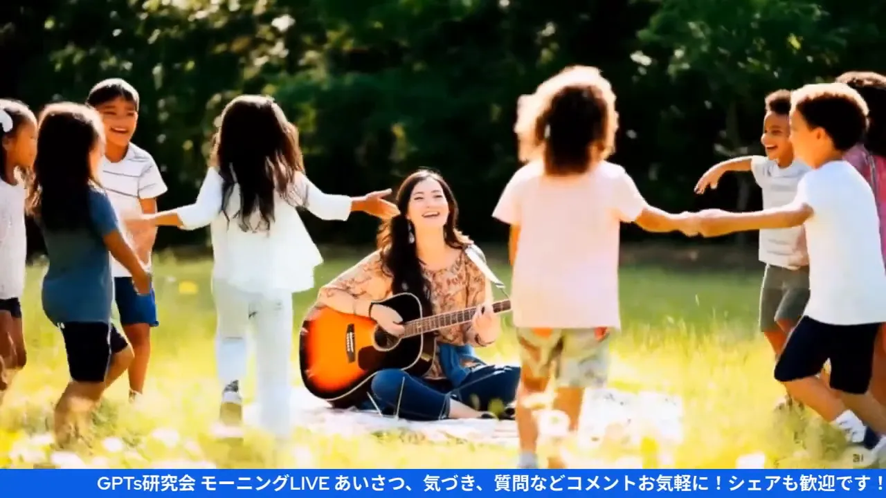 芝生に座りギターを弾く女性を囲む子どもたちのワイドショット