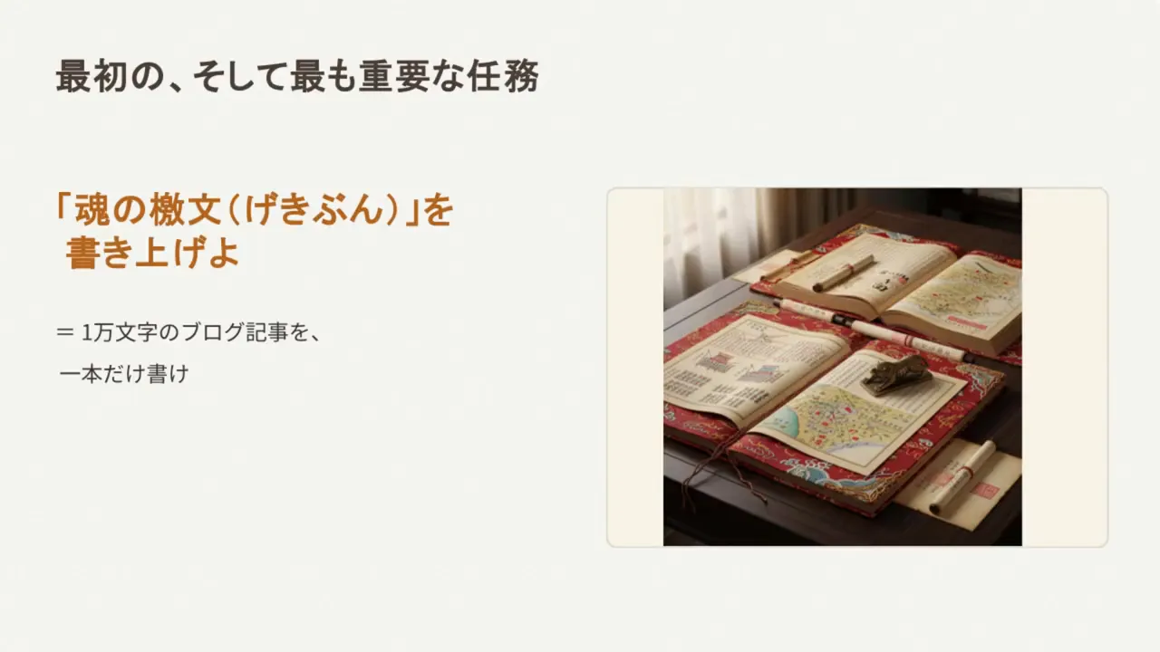 スライド：『魂の檄文（げきぶん）を書き上げよ』という見出しと開いたノートの写真