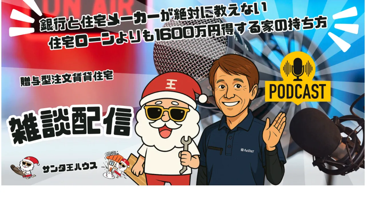 ポッドキャスト風サムネイル:サンタのキャラクターとホスト、マイクが並ぶ鮮やかな横長画像