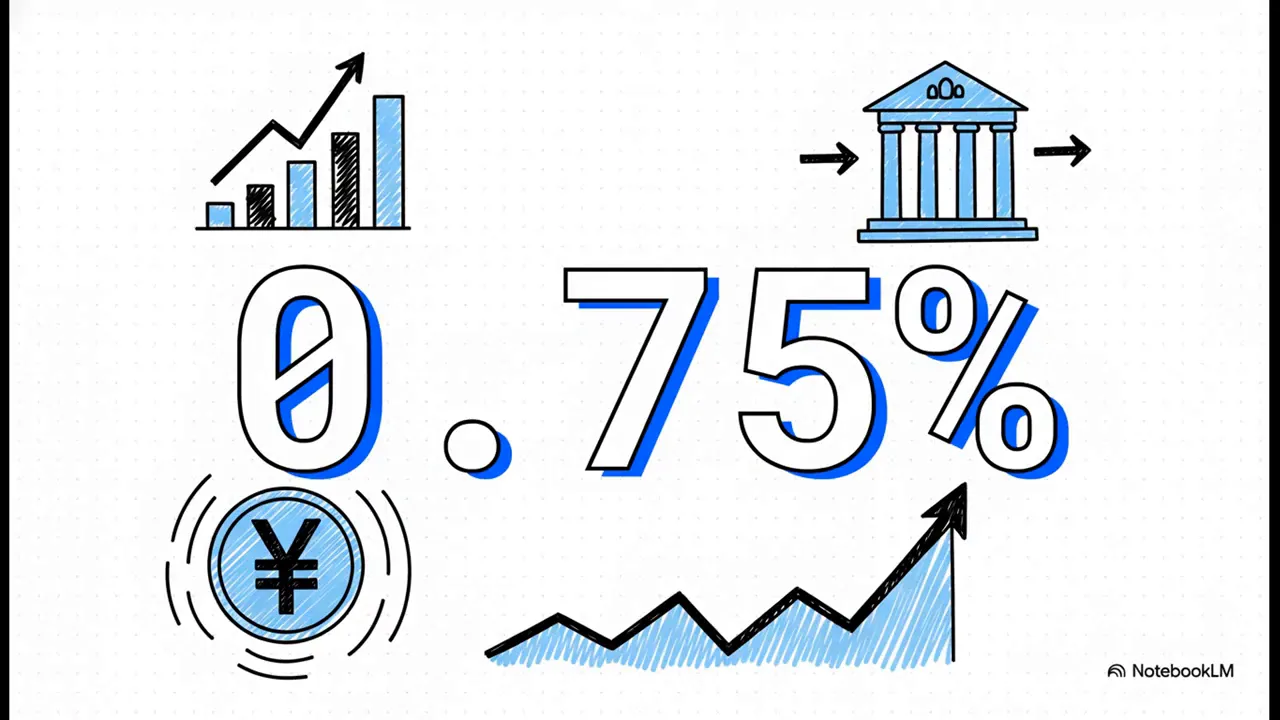 日銀の利上げを示すイラスト、中央に大きく「0.75%」、右下に上昇するグラフと日本円マーク