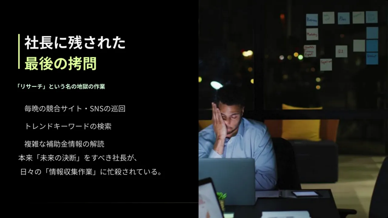 夜のオフィスでノートPCを前に片手で顔を抑える疲れた経営者と、左側に『社長に残された最後の拷問』と書かれたスライドテキスト。