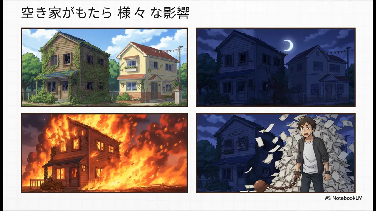 空き家の影響を示す四つのイラスト:蔦に覆われた家、夜の荒廃した家、炎に包まれる家、書類に埋もれる人のイメージ