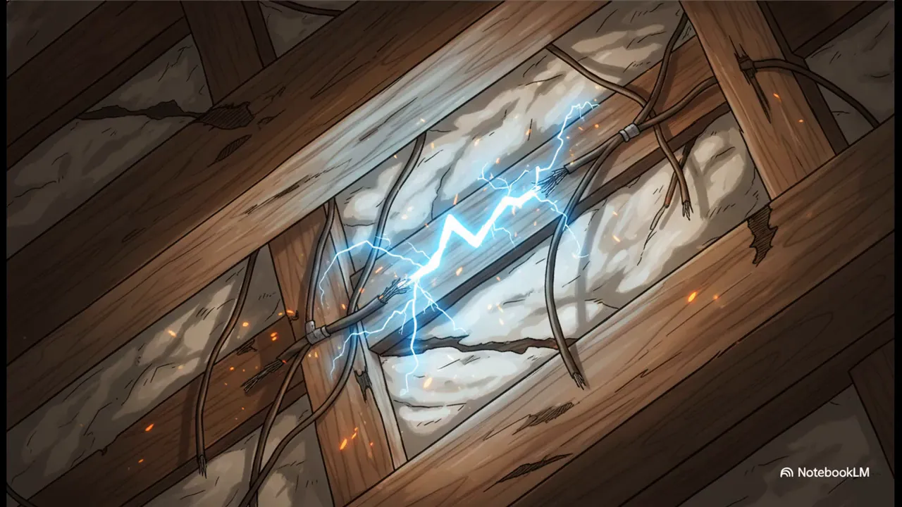 露出した配線のショートと火花が飛ぶ様子