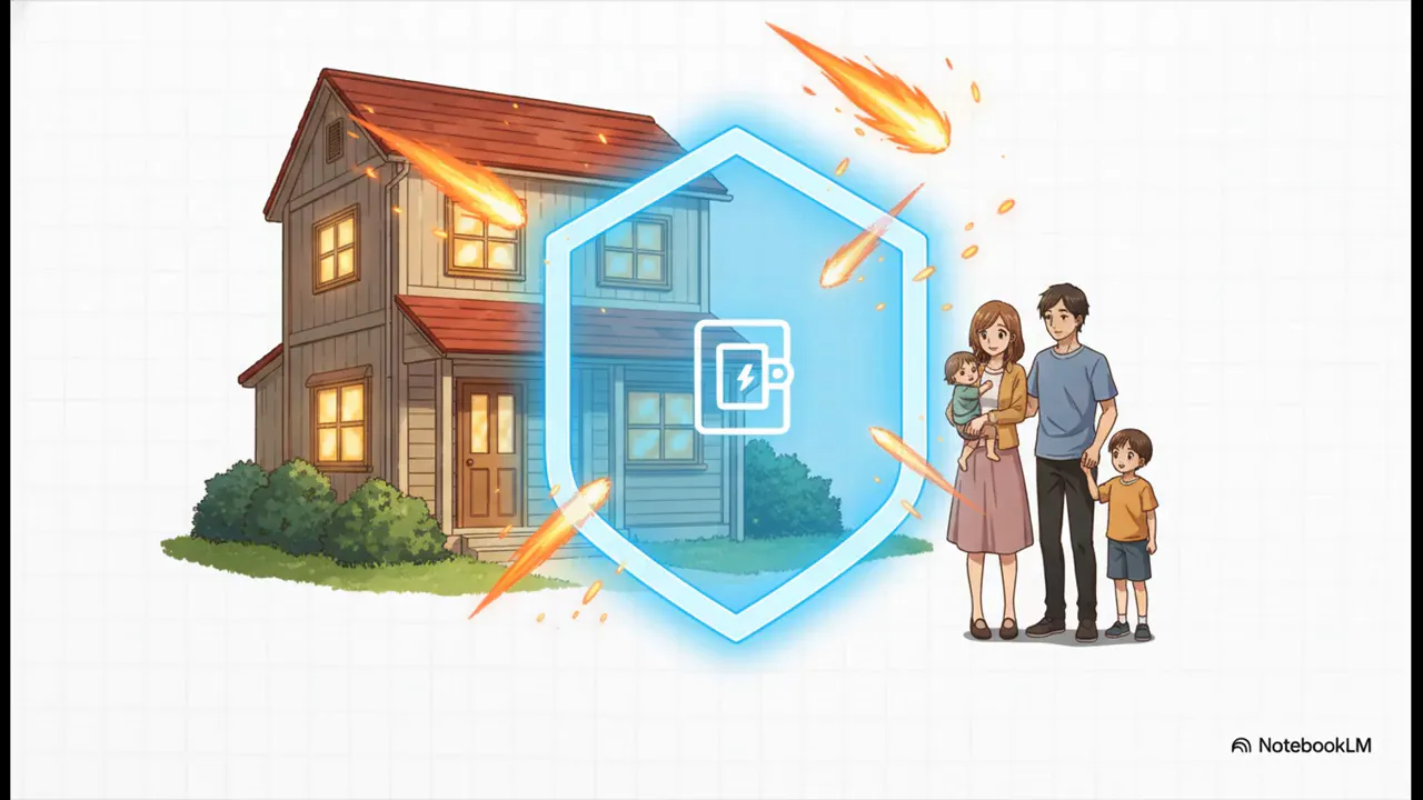 家と家族を守るシールドと感震ブレーカーのイラスト