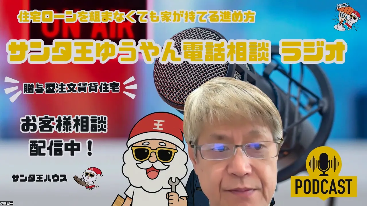 マイクとポッドキャストロゴを背景にした配信ホストの顔のスクリーンショットと番組タイトルのバナー