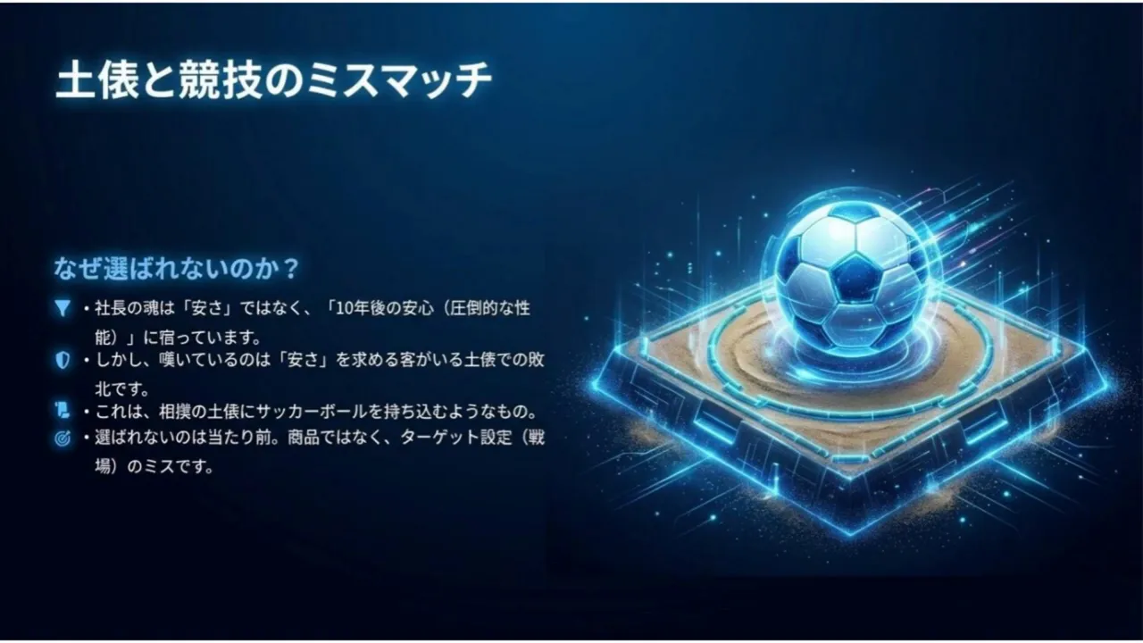土俵と競技のミスマッチを示すスライド、サッカーボールが土俵に置かれたイラストと説明文